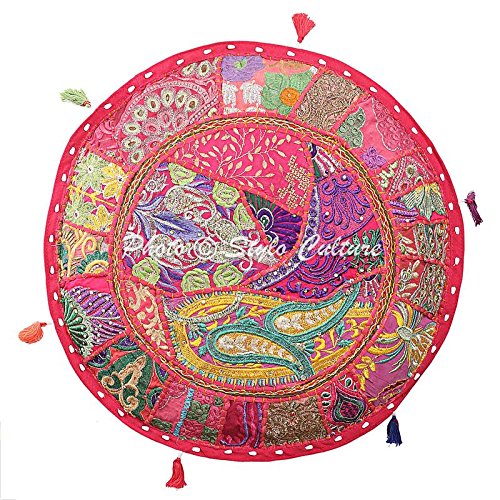 Stylo Culture Ottoman Pouffe Footstool Cover Vintage Large Pink Ethnic Embroidered Patchwork Cotton Traditional Round Fabric Ottoman Pouf Cover (22x22x13 Inch) 55cm (COVER ONLY) - Image 3