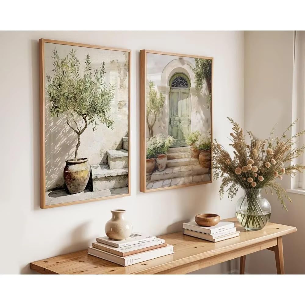 Láminas decorativas con motivos de olivos mediterráneos y puertas para sala de estar o dormitorio (60x80cm - 2 unidades)