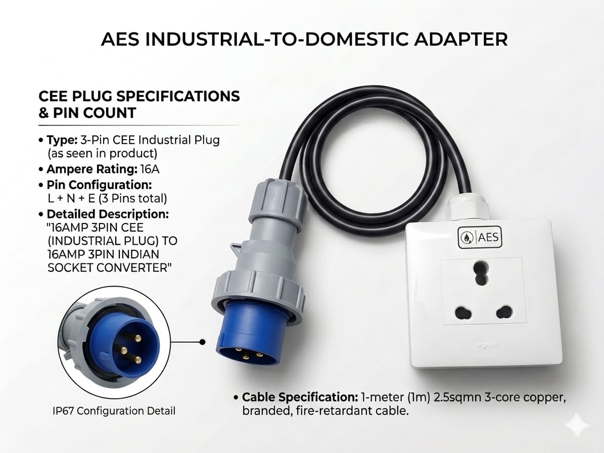CEE 16A 3pin Industrial Plug to 16A 3-Pin Indian Socket Converter with 2.5sqmm 3-Core Copper Cable for EV Car Charging, Power Tools (Heavy Duty) — Amazon image 2