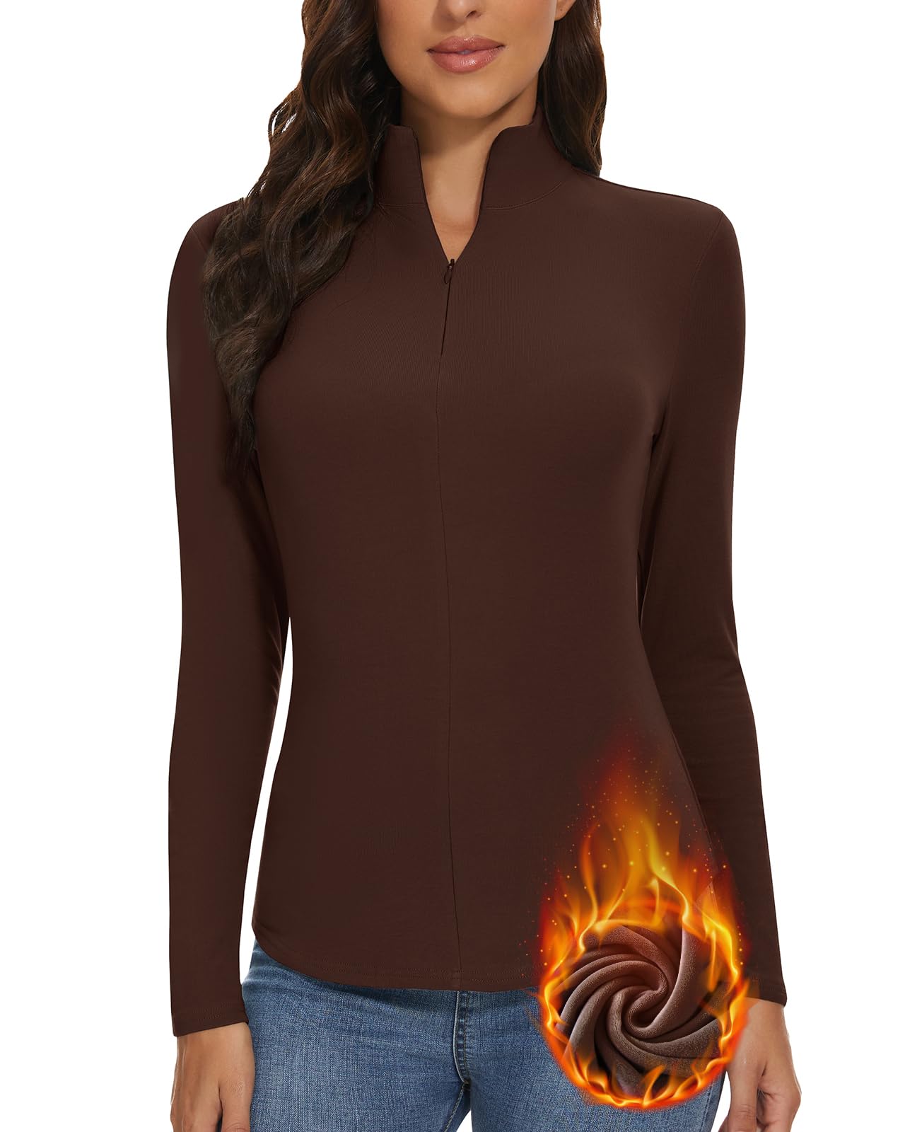 WOWENY Thermisch shirt met lange mouwen voor dames, 1/4 ritssluiting, fleece gevoerd bovendeel, opstaande kraag, pullover, halve rits, sweatshirt, warm, lange mouwen, tops, grijs, M