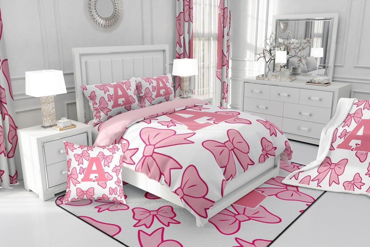 jejeloiu Girls Kawaii Bow Bedding Set Soft for Boys Girls, Letter A Comforter Set Full Size Coquette Bows Duvet Quilt Microfiber Cute Bowknot Bedroom Decor Monogrammed 3 Pcs with 2 Pillow Cases