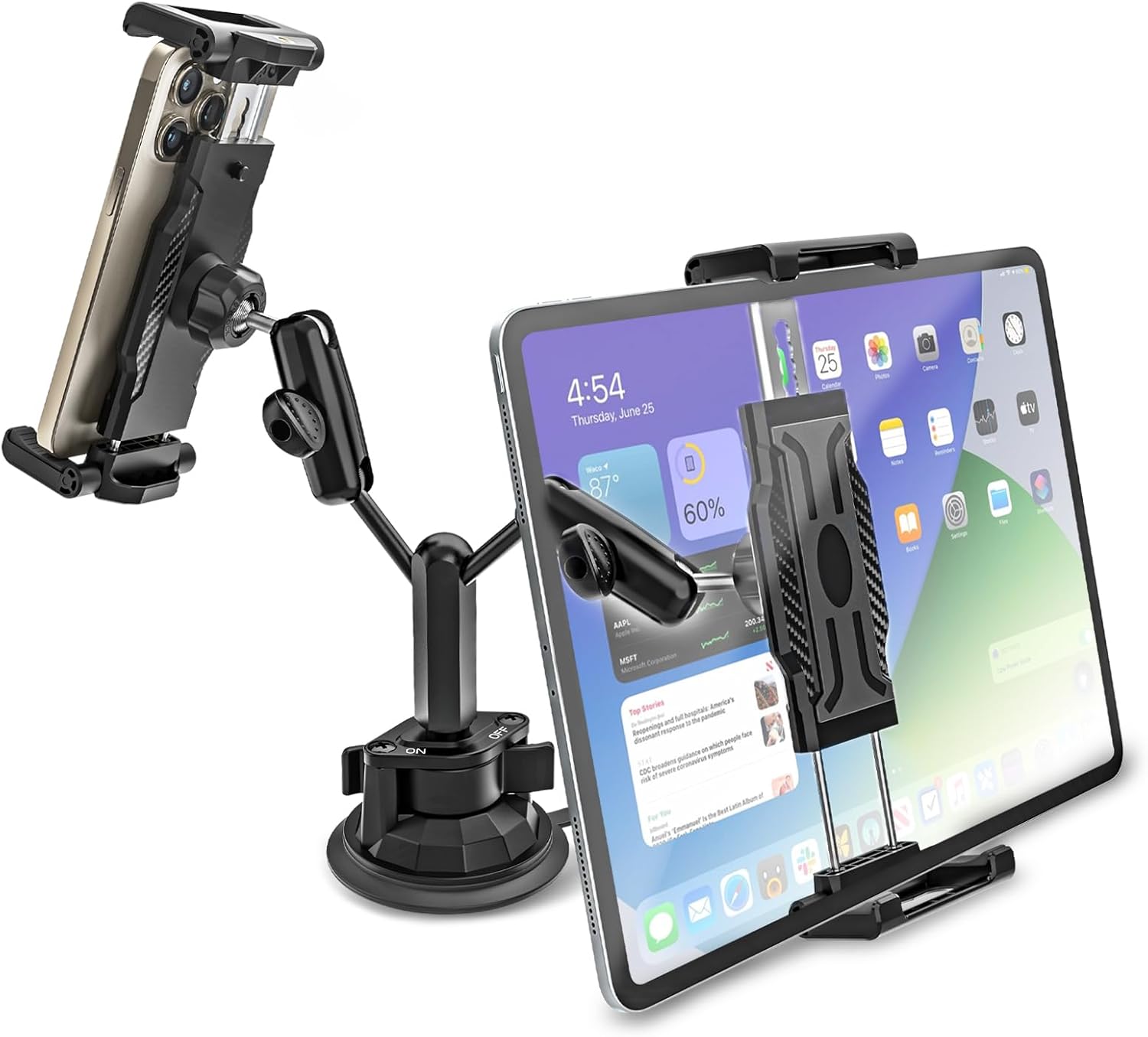 Heavy Duty Dual Tablet Holder for Car/Truck [Metal Arm] Dashboard Windshield Double Mount for Vehicle Dash Suction Stand for iPad Pro/Air/iPhone, 5.5-15.6" Tablets Phone