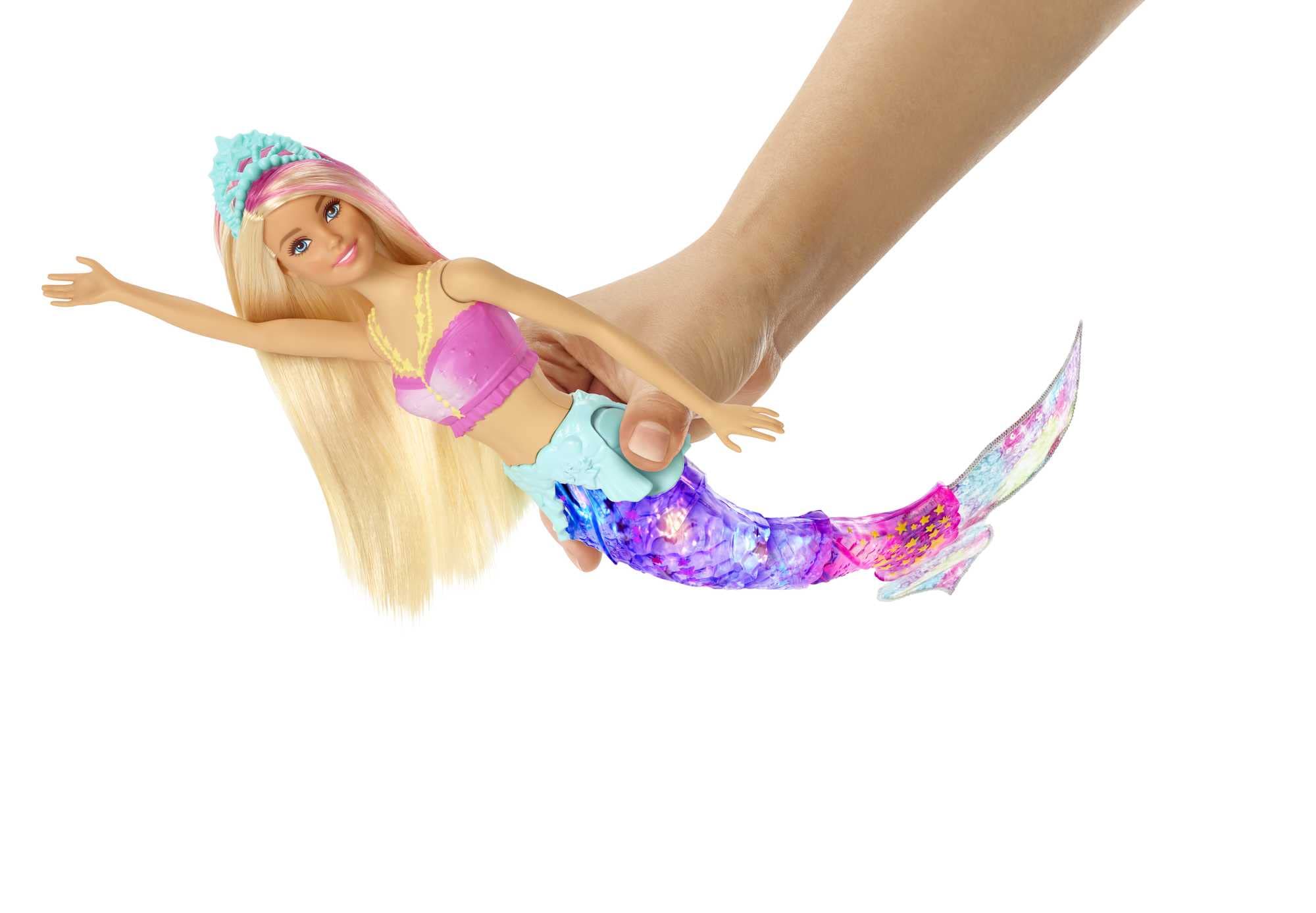 Barbie GFL82 -Dreamtopia Glitzerlicht Meerjungfrau mit Schwimmbewegungen, Unterwasser-Lichteffekten (ca. 30cm), blonden Haare und pinken Strähnen, Geschenk für Kinder im Alter von 3 bis 7 Jahren