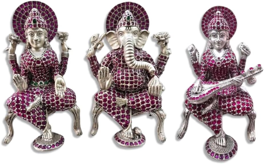 Vishaka Arts Ganesh Laxmi Saraswati Idol in Pure 925 Silver/Ganpati