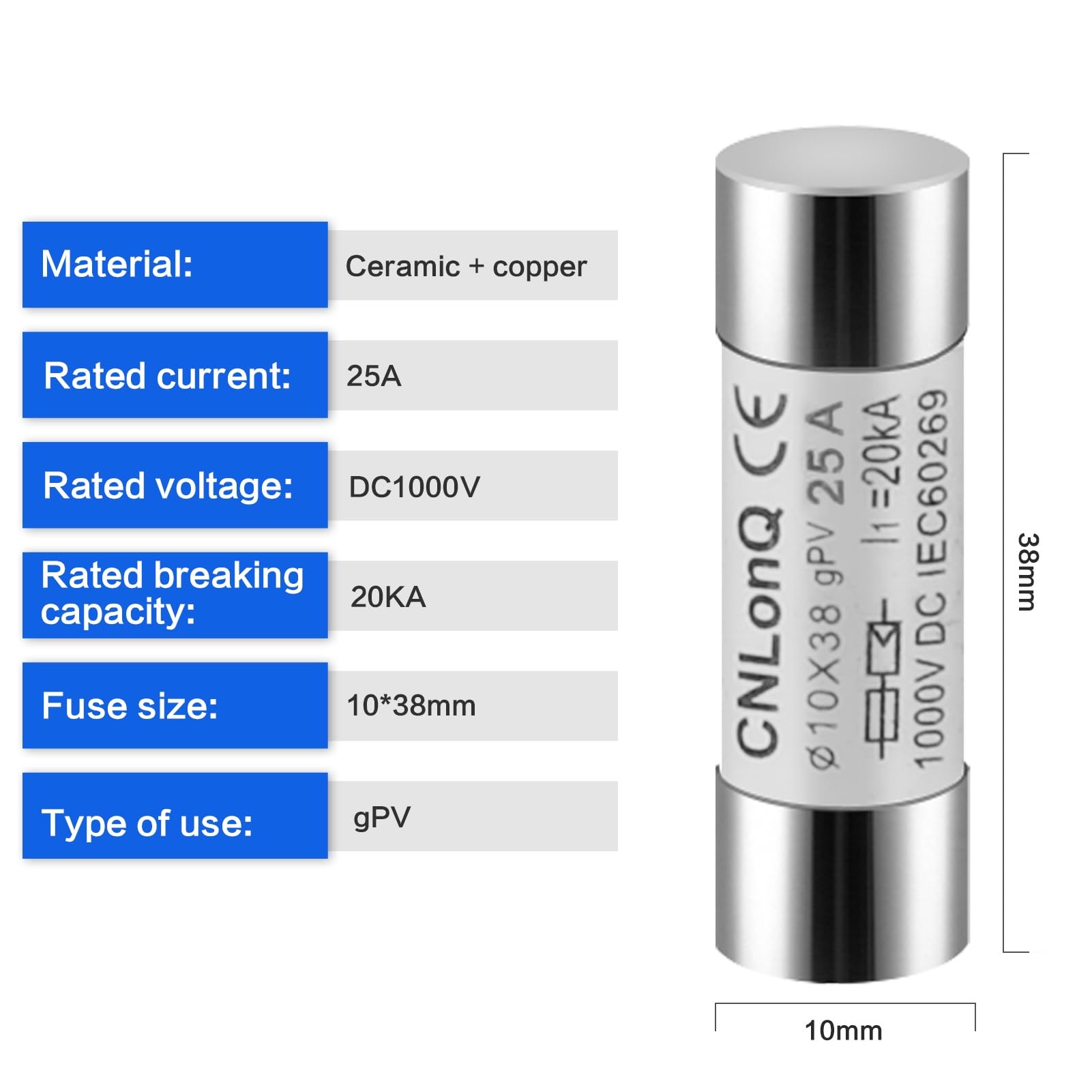 DEWIN Fusibles fotovoltaicos,Fusible Fotovoltaico Solar DC1000V 25A Fusibles Solares 10X38 mm Enlace de Fusible Tipo gPV,para Protección del Sistema Solar Fotovoltaico (25A)