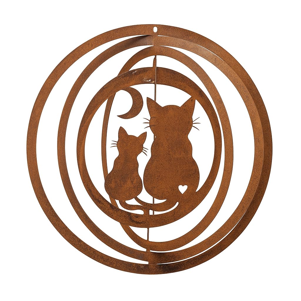 Windspiel aus Edelrost mit 2 Katzen - 3D Metall Windspiel für Garten - Balkon - Rostdeko Hängedeko - Geschenkidee für Katzenliebhaber - Ø ca. 24 cm