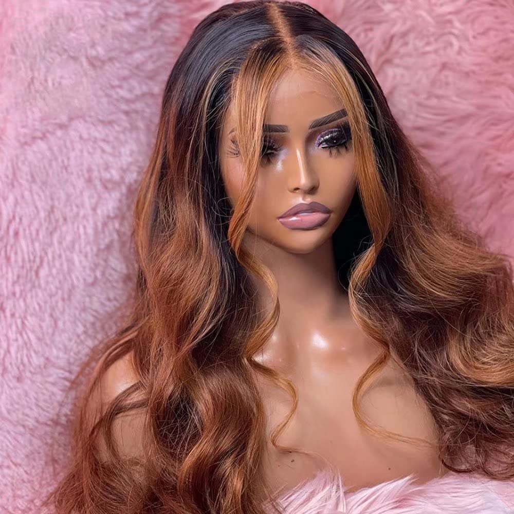 Ombre Brown 1B30 Color Body Wave Wig 13x4 Lace Front Human Hair Wig for Black Women Pre Plucked Natural Hairline Brazilian Remy Hair With Baby Hair Glueless Wig 150 Density 16 Inch