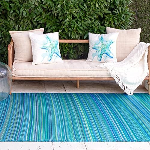Fab Habitat Outdoor Rug - Waterproof, Fade Resistant, Crease-Free - Premium Recycled Plastic - Striped - Large Patio, Deck, Sunroom, Camping, RV - Cancun - Turquoise & Moss Green - 6 x 9 ft