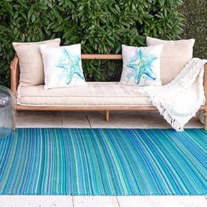 Fab Habitat Outdoor Rug - Waterproof, Fade Resistant, Crease-Free - Premium Recycled Plastic - Striped - Porch, Deck, Balcony, Laundry Room, Patio - Cancun - Turquoise & Moss Green - 3 x 5 ft Fab Habitat Outdoor Rug Waterproof Fade Resistant Crease Free Premium Recycled Plastic Striped Porch Deck Balcony Laundry Room Patio Cancun Turquoise Moss Green 3 x 5 ft
