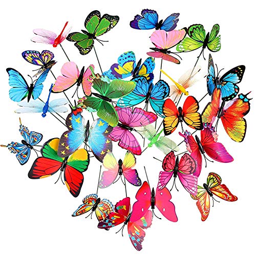Gwhole Lot de 28 Papillons et Libellules Artificielles avec Bâtonnets pour Décoration de Plantes, Cour Extérieure, Décoration de Jardin
