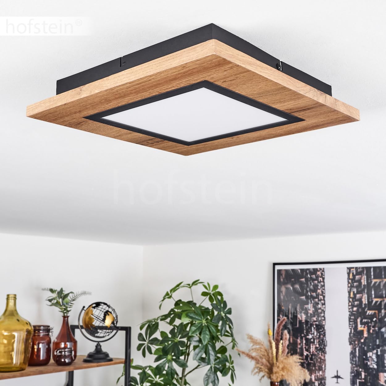Lampa przysufitowa LED Salmi, lampa przysufitowa wykonana z metalu/MDF/plastiku w kolorze czarnym/o wyglądzie drewna/brązowym/białym, światło kątowe (30 cm x 30 cm), 1200 lumenów, 3000 K, LED 12 W