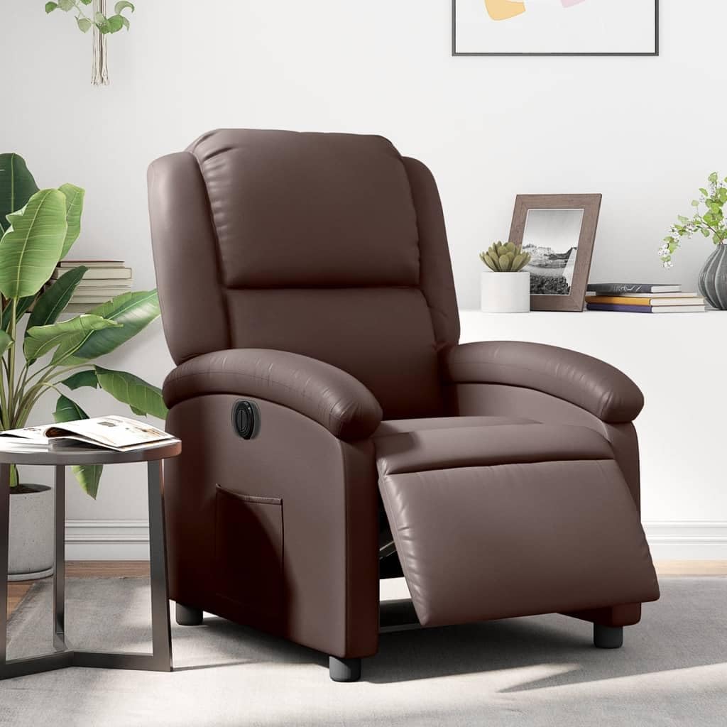 Elektryczny fotel relaksacyjny, brązowy, sztuczna skóra, z funkcją leżenia, regulowany, ergonomiczny, z podłokietnikami i kieszenią boczną, do salonu, biura i kącika do czytania, stabilna