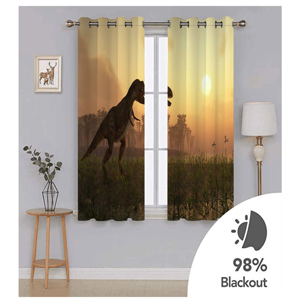 3D Dinosaure Herbacé Coucher De Soleil Rideau Occultant À Oeillets, 234x230 Cm Lot De 2 Décoration Rideaux Isolant Thermique Anti Froid Et Chaleur 100%, Chambre Fenetre Et Salon, pour Maison