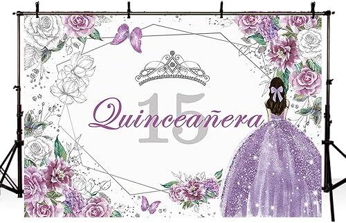 Miniatura 4 de SENDY Telón de fondo de quinceañera de 10 x 7 pies para decoración de fiesta de cumpleaños de 15 años para niña dulce Mis membrillo púrpura plata