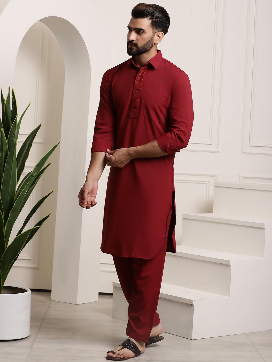 Sojanya (Since 1958 Men's Cotton Maroon Pathani Kurta Salwar Set