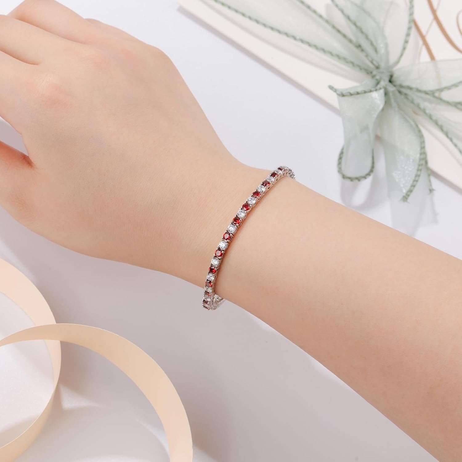 Birthstone Bracelets for Women Birthday Gifts 3mm Sterling Silver White Gold Tennis Bracelets for Women Round Cut 5A Cubic Zirconia Jewelry for Her Mom Wife 7 Inch - Image 2