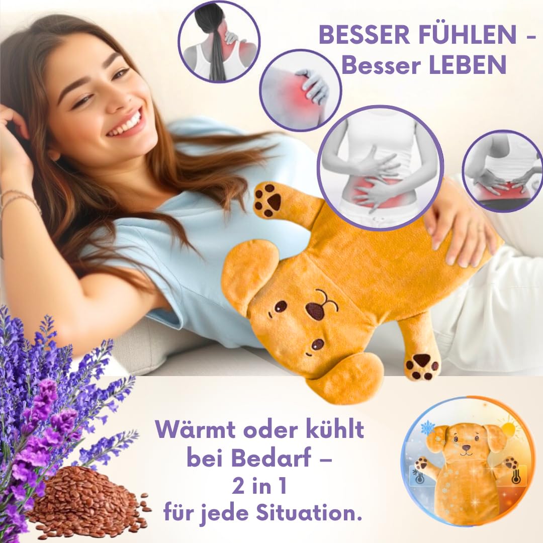 Cojín de granos, cómodo cojín térmico, apto para microondas, funda lavable, diseño de gato animal ideal para tensiones y calambres, regalo para mujeres, niñas y niños (marrón perro)