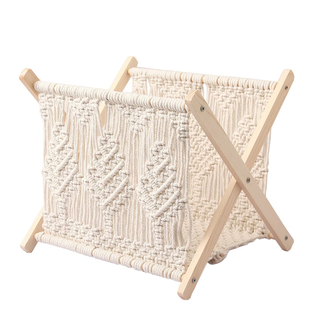 LANCHEN Macrame Magazine Rack Boho Magazine Holder Storage Standing Basket for Newspaper