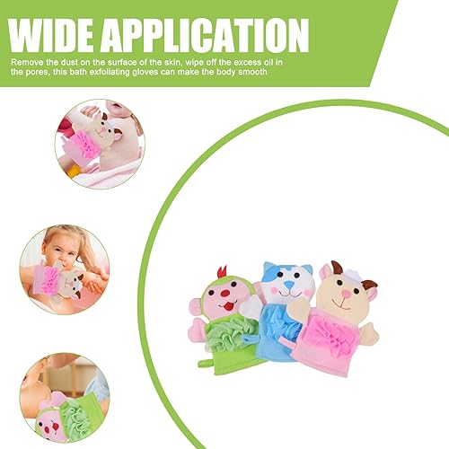 Miniatura 3 de 3 guantes de baño con bonito patrón de dibujos animados para niños y niñas, exfoliantes de ducha, suministros de baño ligeros y seguros para niños y