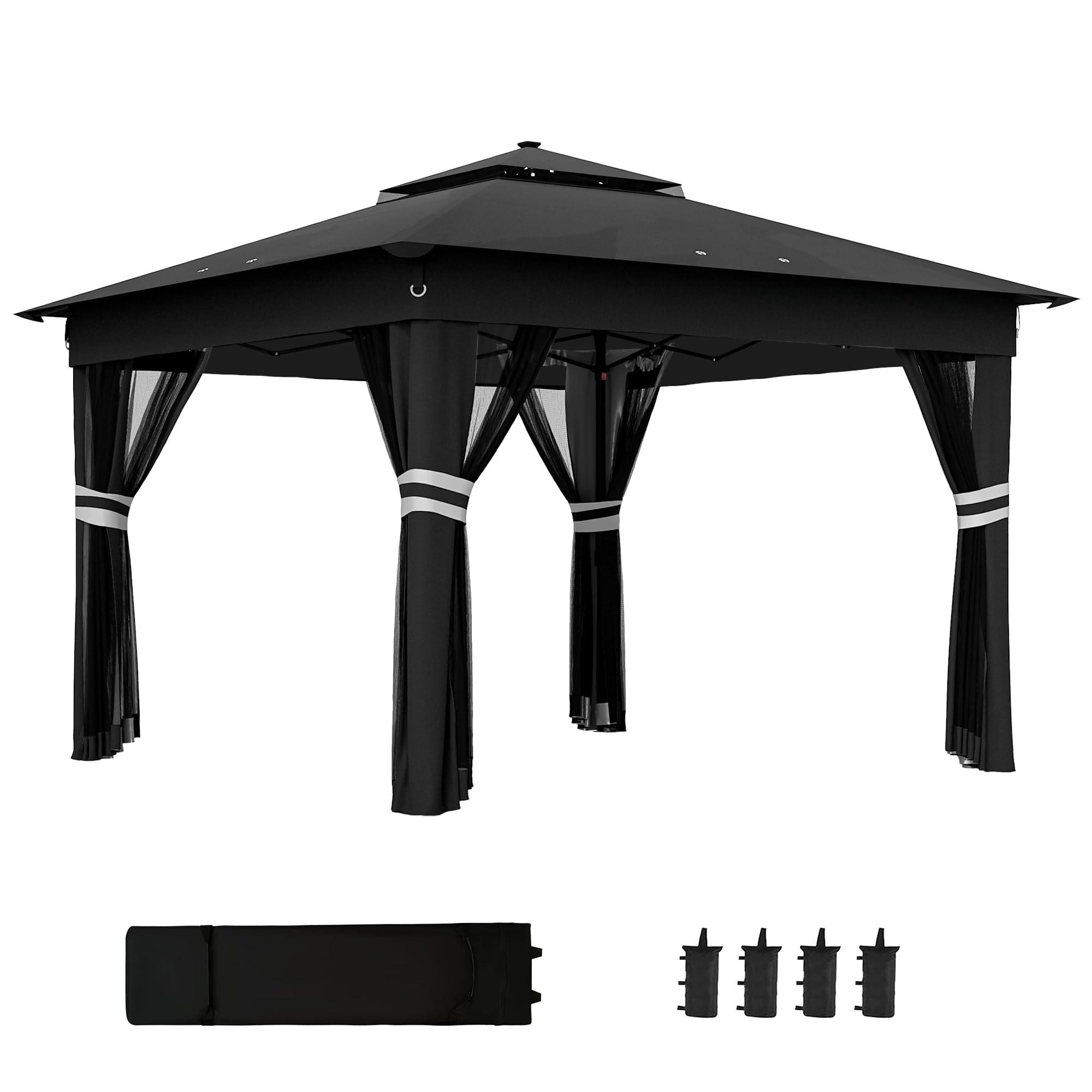 Outsunny 3.36 x 3.36m Pop Up Gazebo with Sides, 20 Solar-Powered LED Lights, Netting, Roller Bag, 4 Weight Bags, Marquee Party Tent, Height Adjustable Instant Event Shelter, Black