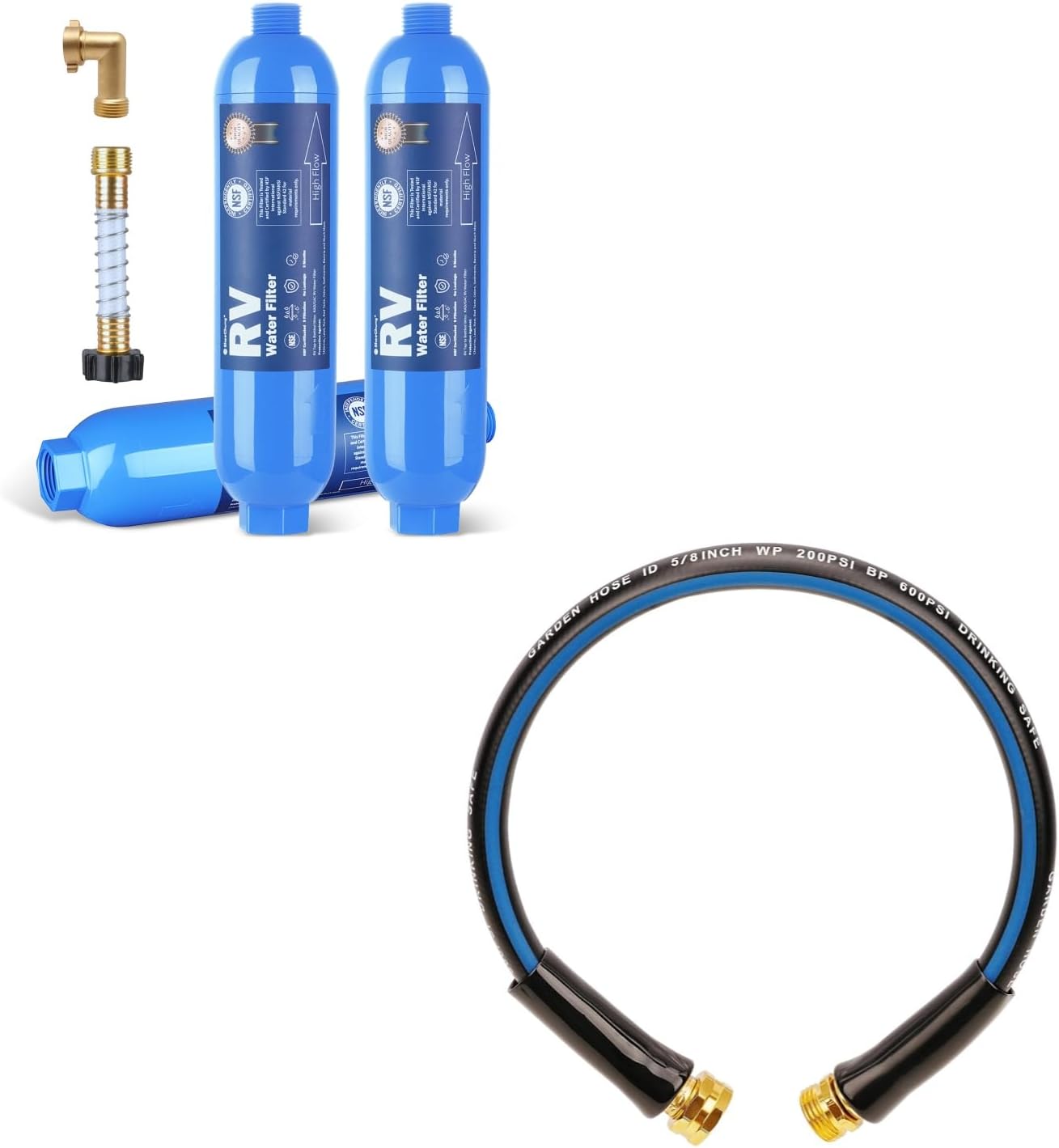 SheeChung RV Water Filter, NSF Certified, 3 PACK with Brass 90 Degree Hose Elbow And Short Garden Hose 2ft x 5/8",Leader Hose for Hose Reel Faucet