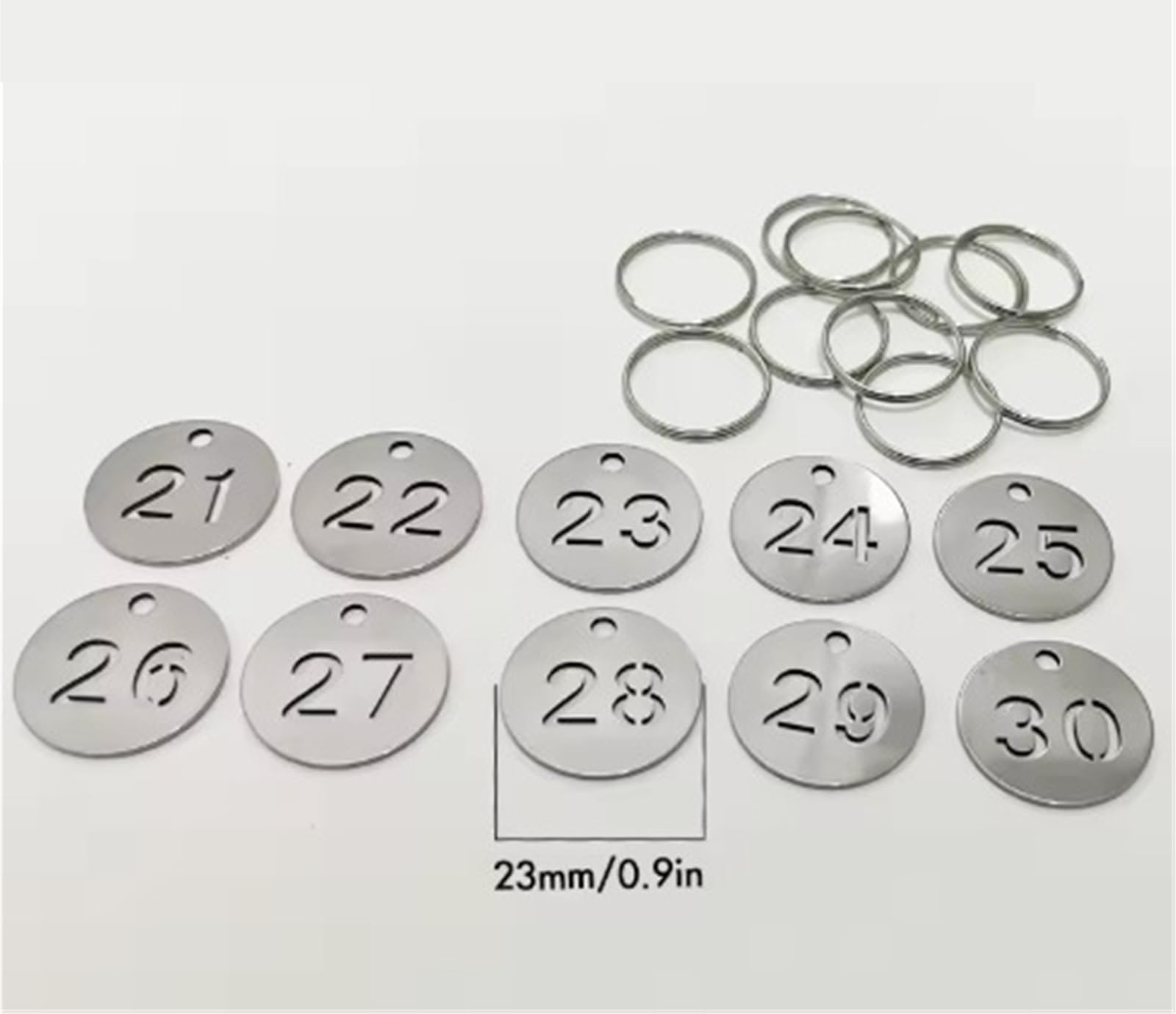 Etiquetas de plástico para números de identificación, 100 unidades, acero inoxidable, 23 mm, redondas, llaveros, cadenas de dulces, regalos de joyería para restaurante, cafetería, taquillas, hoteles