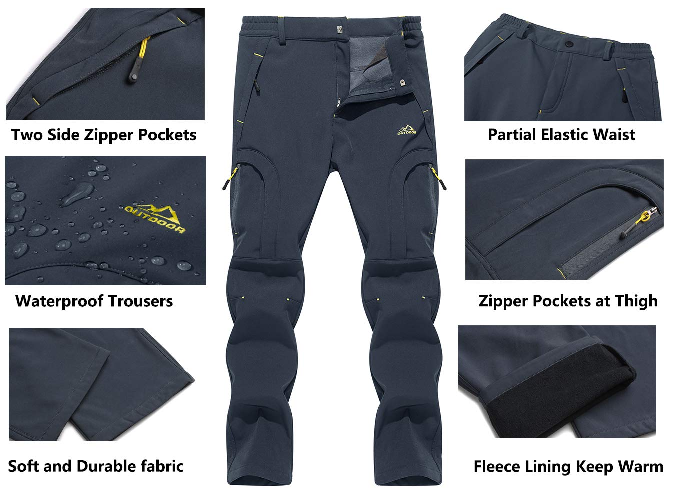 EKLENTSON Pantalon de Cyclisme Randonnee Marche Pantalons Hiver pour Hommes avec Poches Zippées, Noir