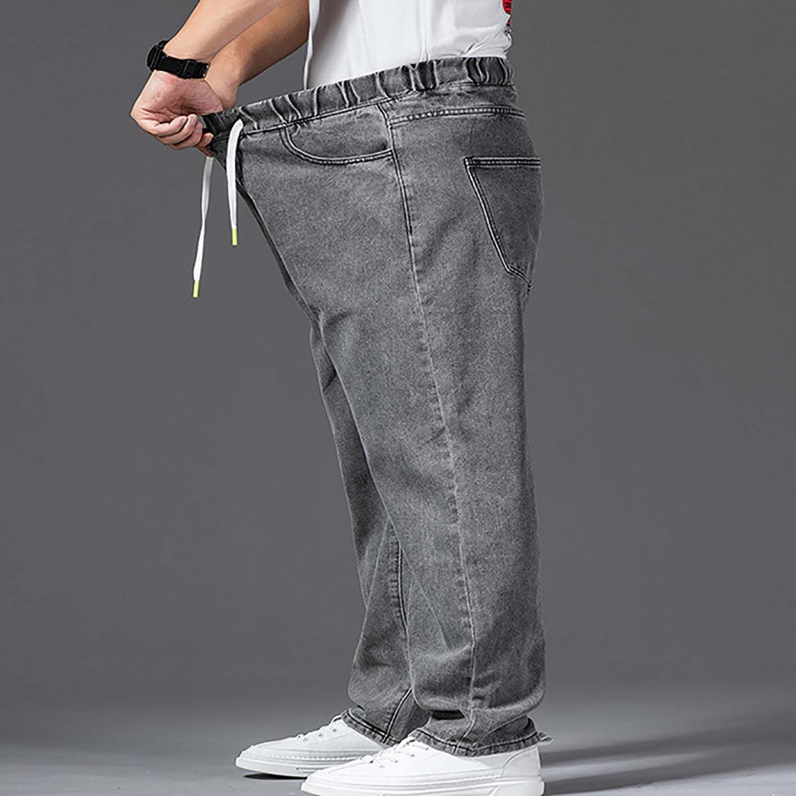 Jeans da uomo elasticizzati con tasche laterali, jeans da uomo, vestibilità comoda, in denim, in vita elasticizzata, con gamba larga, jeans alla moda, con coulisse e tasche