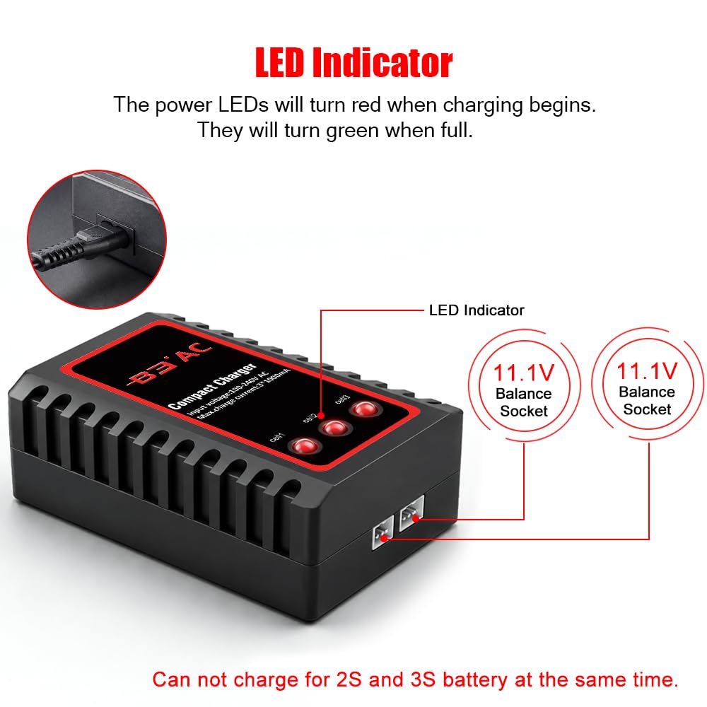 Haisito Caricabatterie Lipo per Pacco Batteria 2S 3S (7,4 V, 11,1 V), Compatto Caricabatterie Rapido Bilanciamento Batteria Caricabatterie (100-240 V) per RC Quadcopter Drone Car Boat