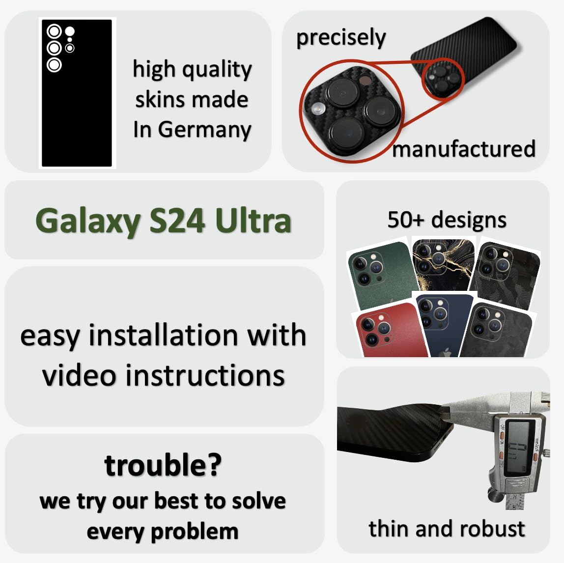 Skin adatta per Samsung Galaxy S24, S24 Plus, S24 Ultra. Adesivo posteriore per la protezione, compatibile con Fast All Case (nero carbonio, Galaxy S24 Ultra)
