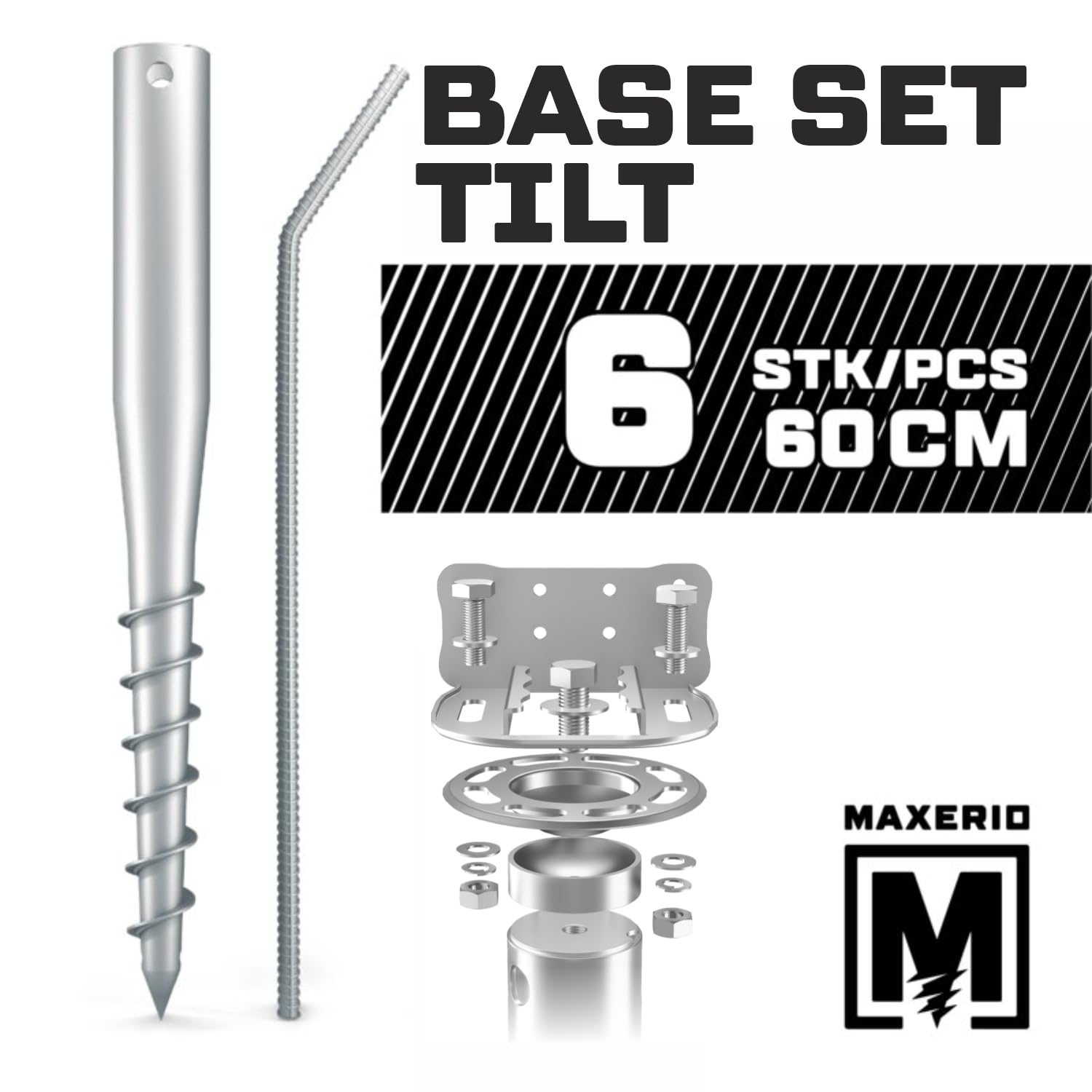 NEU 60 cm 6er Base-Set TILT Schraubfundamente inkl. Konsole (feuerverzinkt); Ø 60 x 2; M12