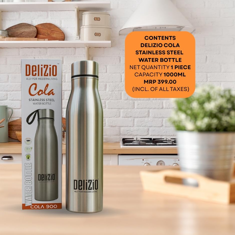Image of KEMP DELIZIO Edition Stainless Steel Fridge Water Bottle 1000 ML | 1 L | Single Walled | Office | Gym | Travelling | Leak Proof LID | ECO Friendly | BPA Free | for Adult, Kids (COLA-4 Pack)