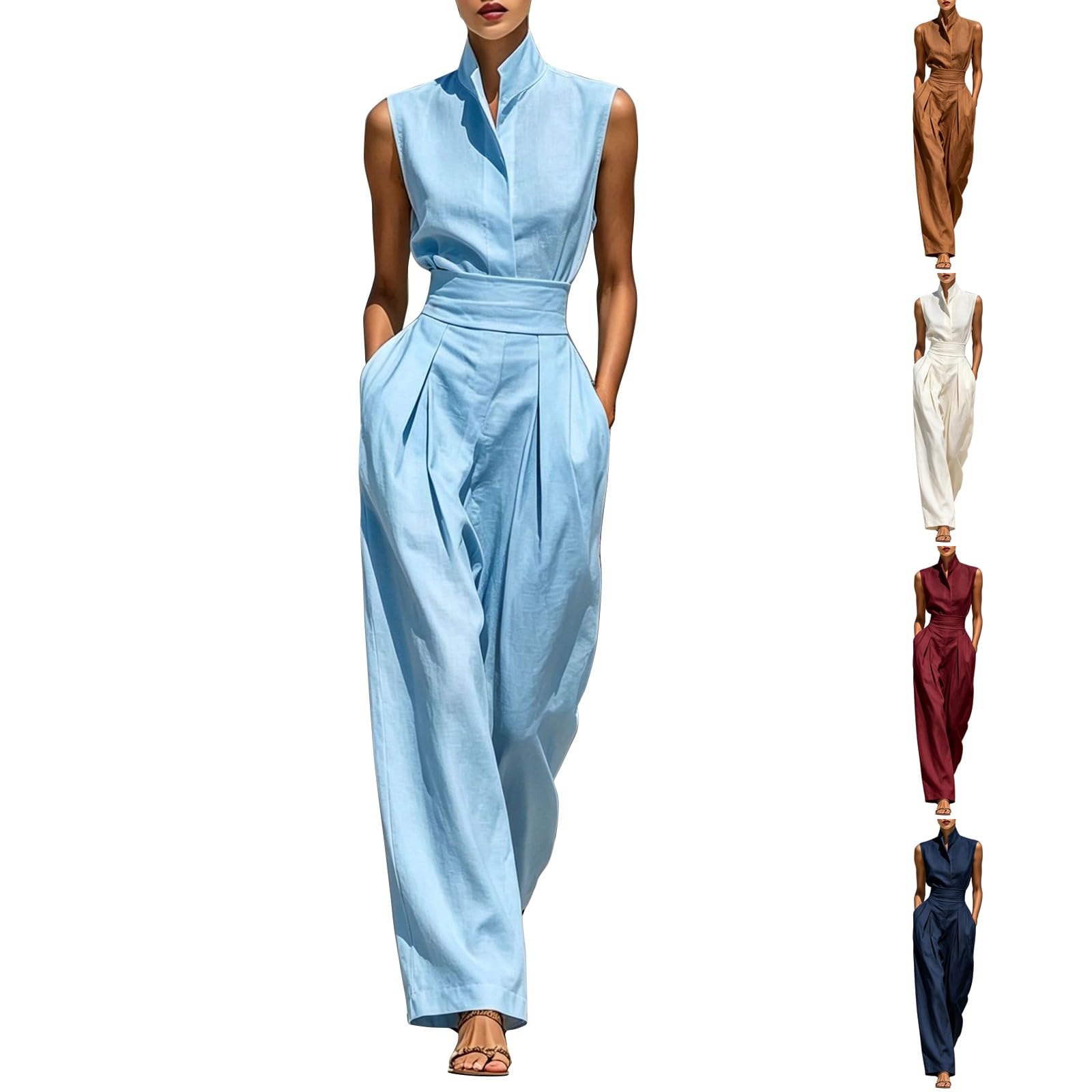 Tuta da donna elegante, per feste, senza maniche, collo alto, per il lavoro | Tuta intera a vita alta con tasche, a gamba larga, per matrimonio