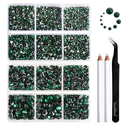 Image of Beadsland 8300PCS Flatback Rhinestones, Green Rhinestone Round Crystal Rhinestones for Crafts, Mixed 10 Sizes with Wax Pencil and Tweezer Kit, SS3-SS30, Emerald | Crystal Rhinestone Round, for Crafts Nails,With Wax Pencil and Tweezers Kit, SS3-SS30, Dark Green
