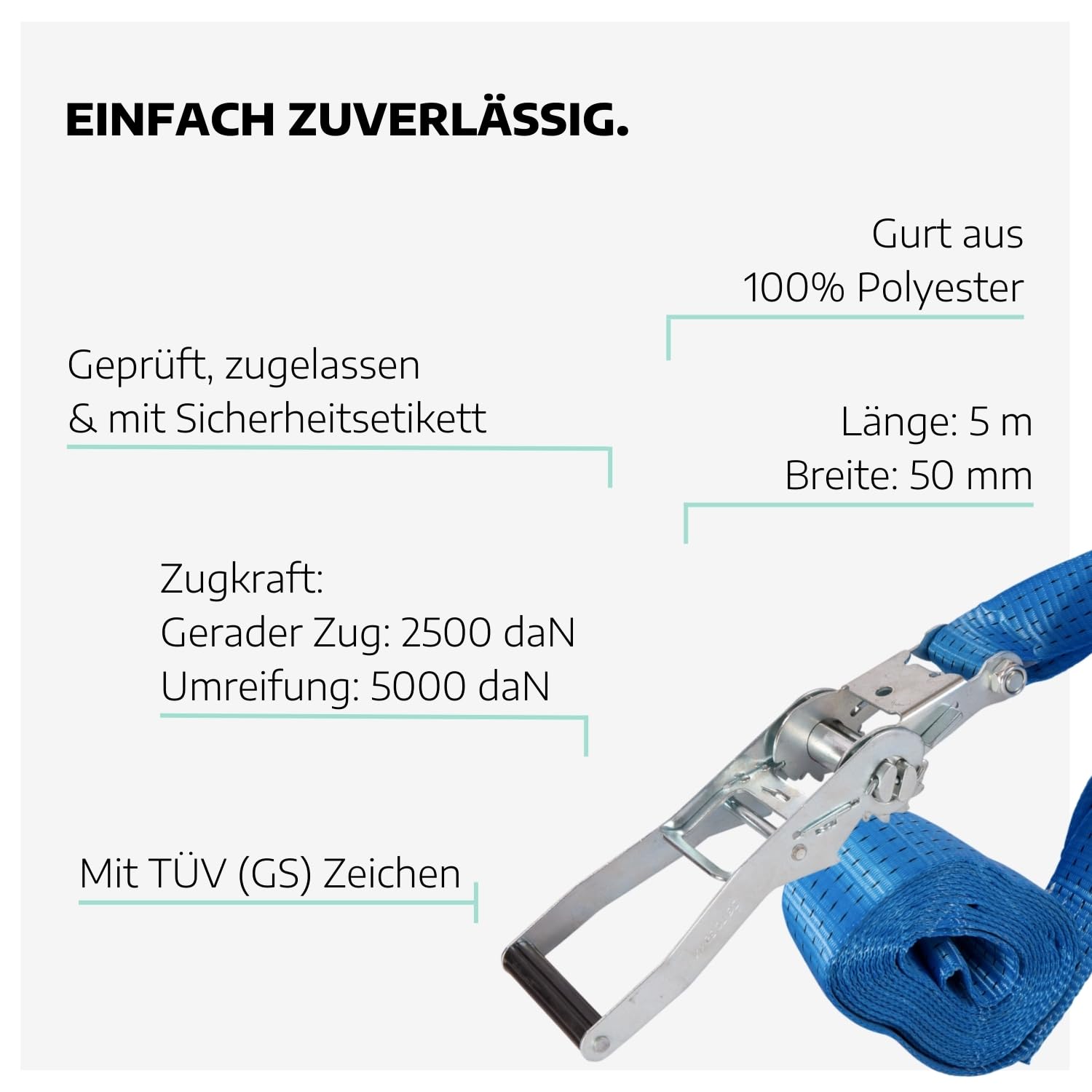 8 x Zurrgurt 1-teilig mit Ratsche 5 m I 2,5t Zugkraft I Gurte zum Befestigen I Blauer Spanngurt mit Sicherheitsetikett I Bandbreite 50 mm I Zurrgurte mit Ratsche