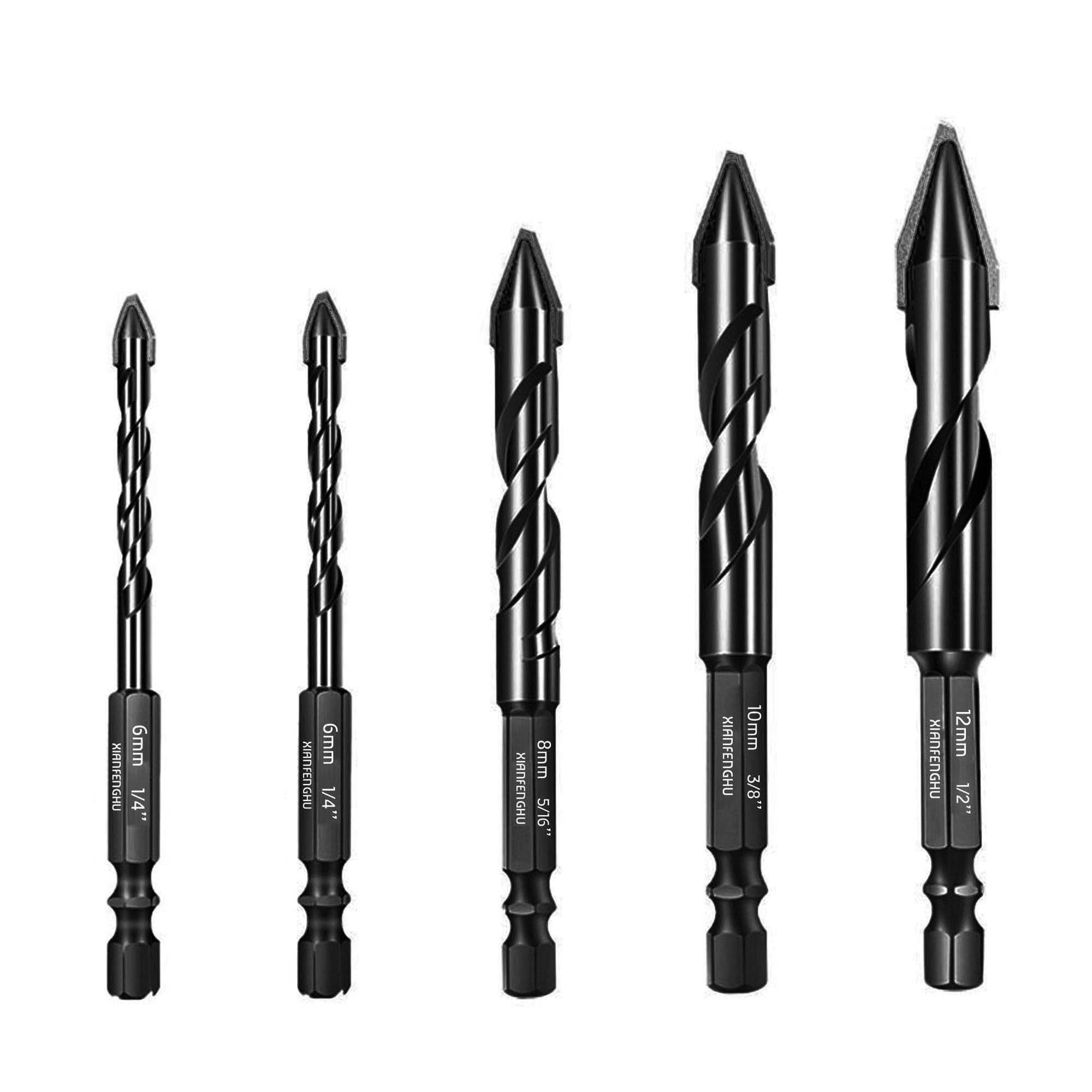 高強度斜頭偏心ツイストドリルビット 6.35mm 六角軸 タイル 穴あけ 6mm 6mm 8mm 10mm 12mm 5個入りセット 硬質合金 陶器・ガラス・タイル用ドリル