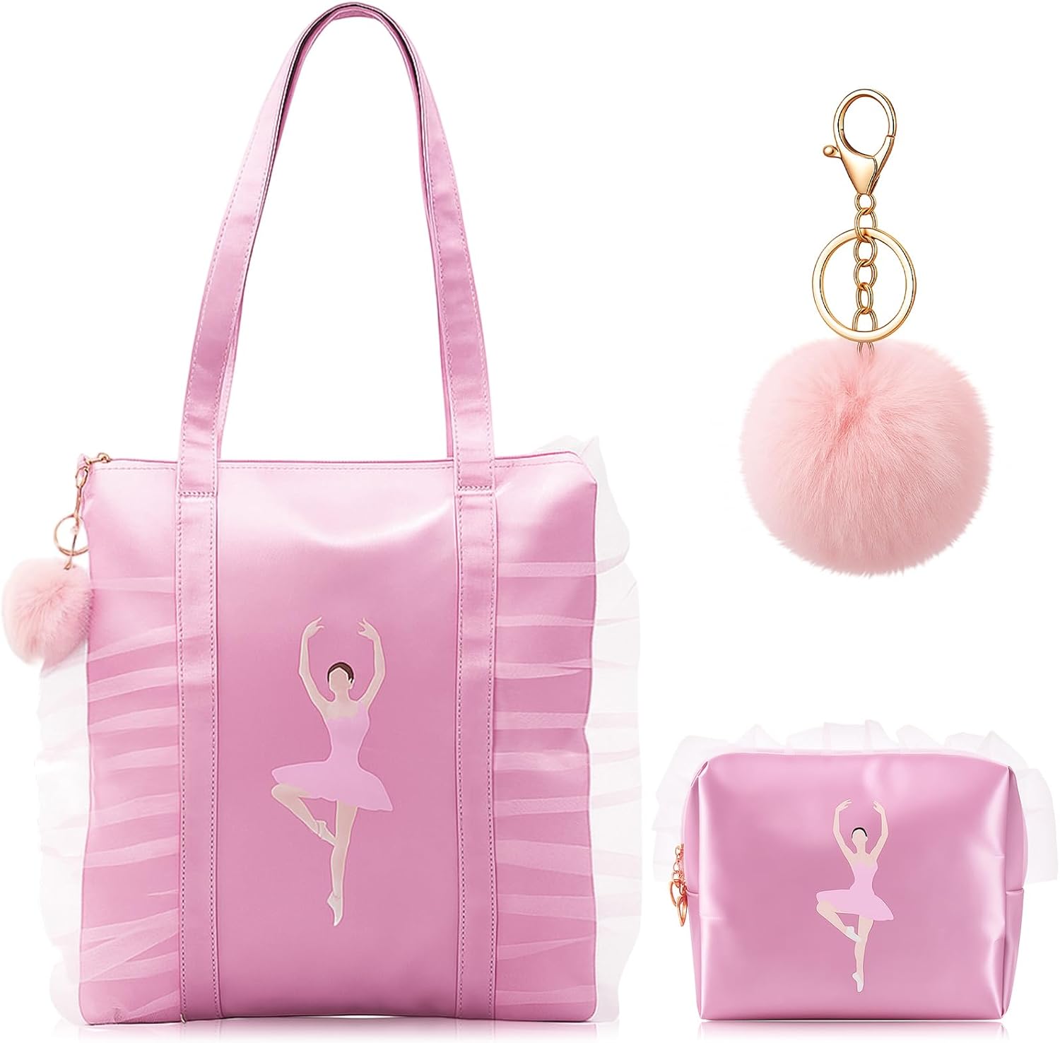 Dance Bag for Girls, 3-piece Ballet Tote Bags Set with Makeup Bag and Plush Pom-pom Key Chain, Lace Ballerina Canvas Tote for Kids Girls Dance Class Recital Birthday Christmas Gift, Pink