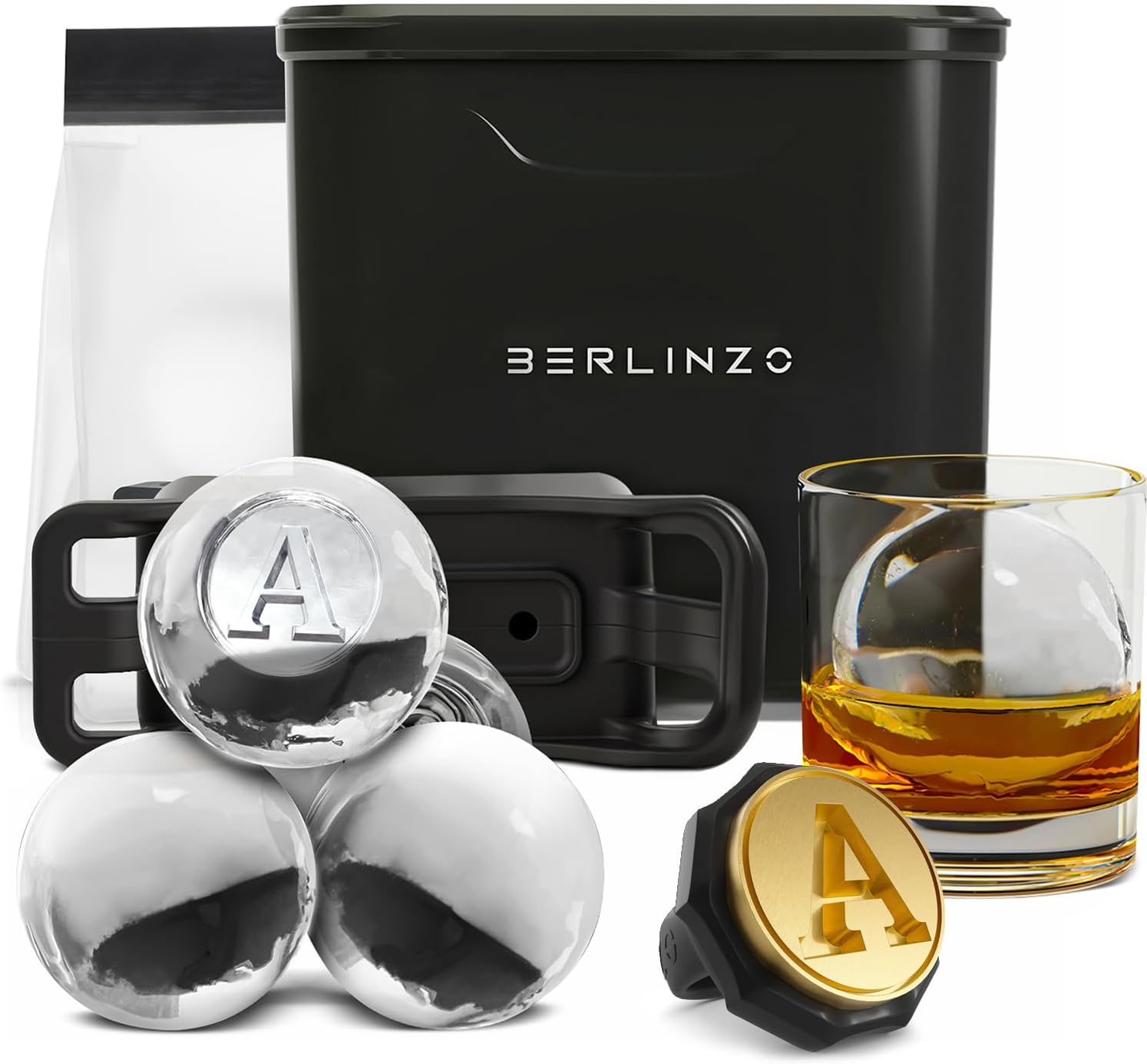 Berlinzo Premium Clear Ice Ball Maker Mold with A Stamp Ring - 2 Large 2.4" Crystal Clear Ice Balls - Easy-to-Remove Ice Sphere Mold - Storage Bag Included, Black (Non-Electric Ice Maker)