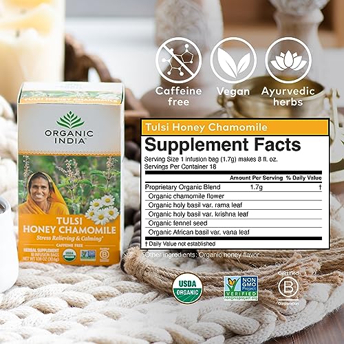 Image of Organic India Tulsi Honey Chamomile Herbal Tea - Holy Basil, Stress Relieving & Calming, Immune Support, Adaptogen, Vegan, USDA Certified Organic, Caffeine-Free - 18 Infusion Bags, 1 Pack