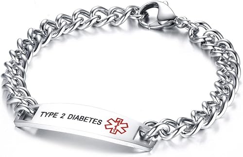 Miniatura 48 de VNOX Pulsera de identificación de alerta médica, pulsera de emergencia de acero inoxidable para hombre y mujer, 7.2/8/8.4 pulgadas *personaliza tu