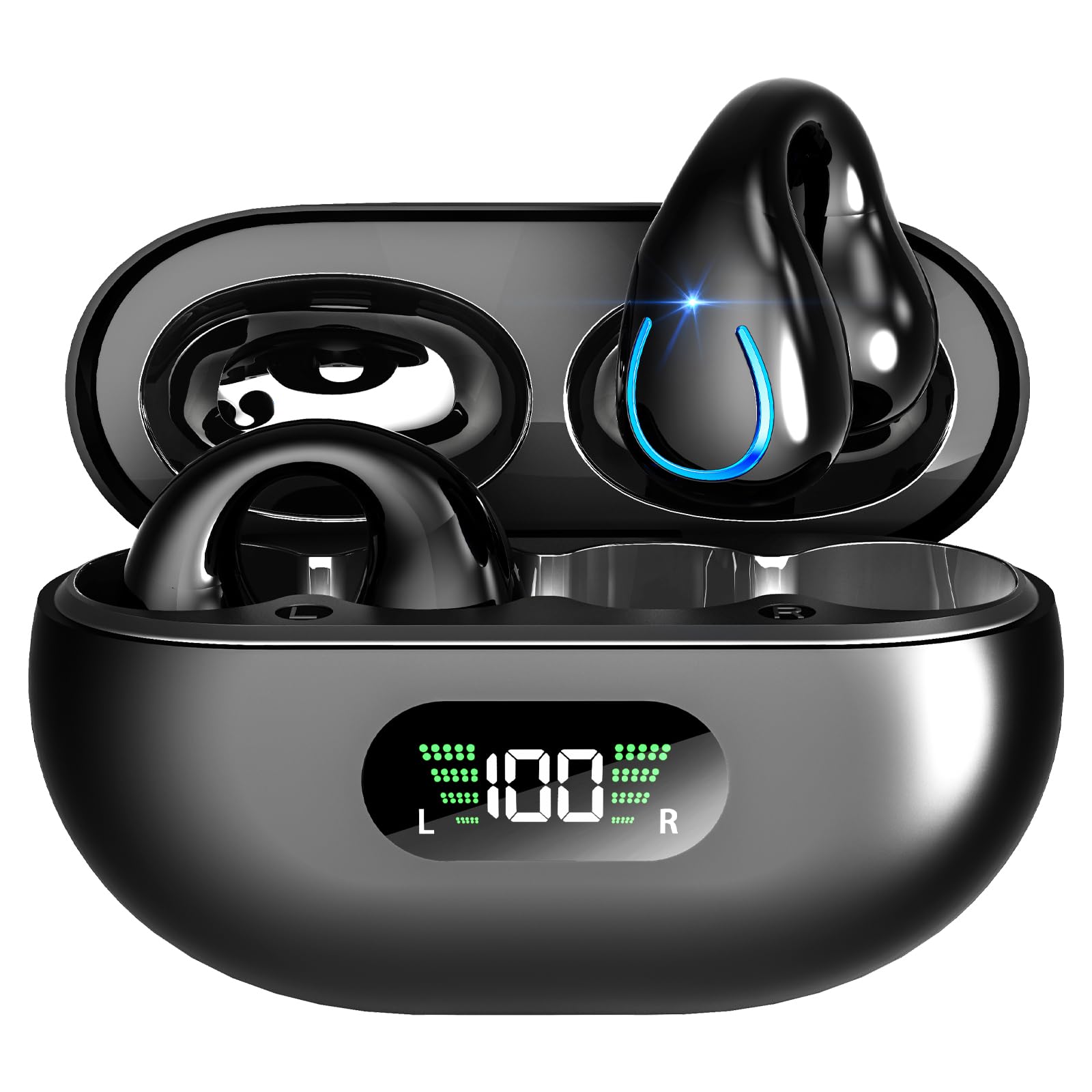 Headphones Wireless Earbuds - Comfort Open Ear Headphone, Clip On Bluetooth 5.3 Ear Buds, Built-in Microphone HIFI Sound Running Earphones with LED Display Charging Case