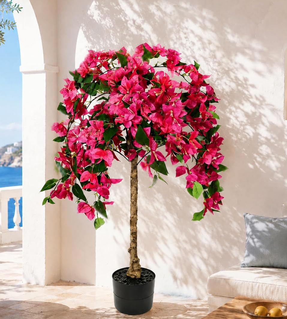 110CM Artificial Bougainvillea Tree Indoor Outdoor,Faux Silk Floral Tree Bougainvillea Potted Plant with Flowers Realistic Wood Trunk, Tall Faux Flowering Tree for Front Porch Home Garden Patio