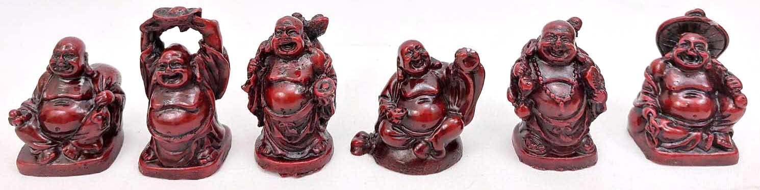 JapanBargain 3578, Set of 6 Mini Laughing Buddha Statues, 2-Inch Rosewood Color Feng Shui Happy Buddha Figurines for Good Luck, Wealth, and Home Office Decor