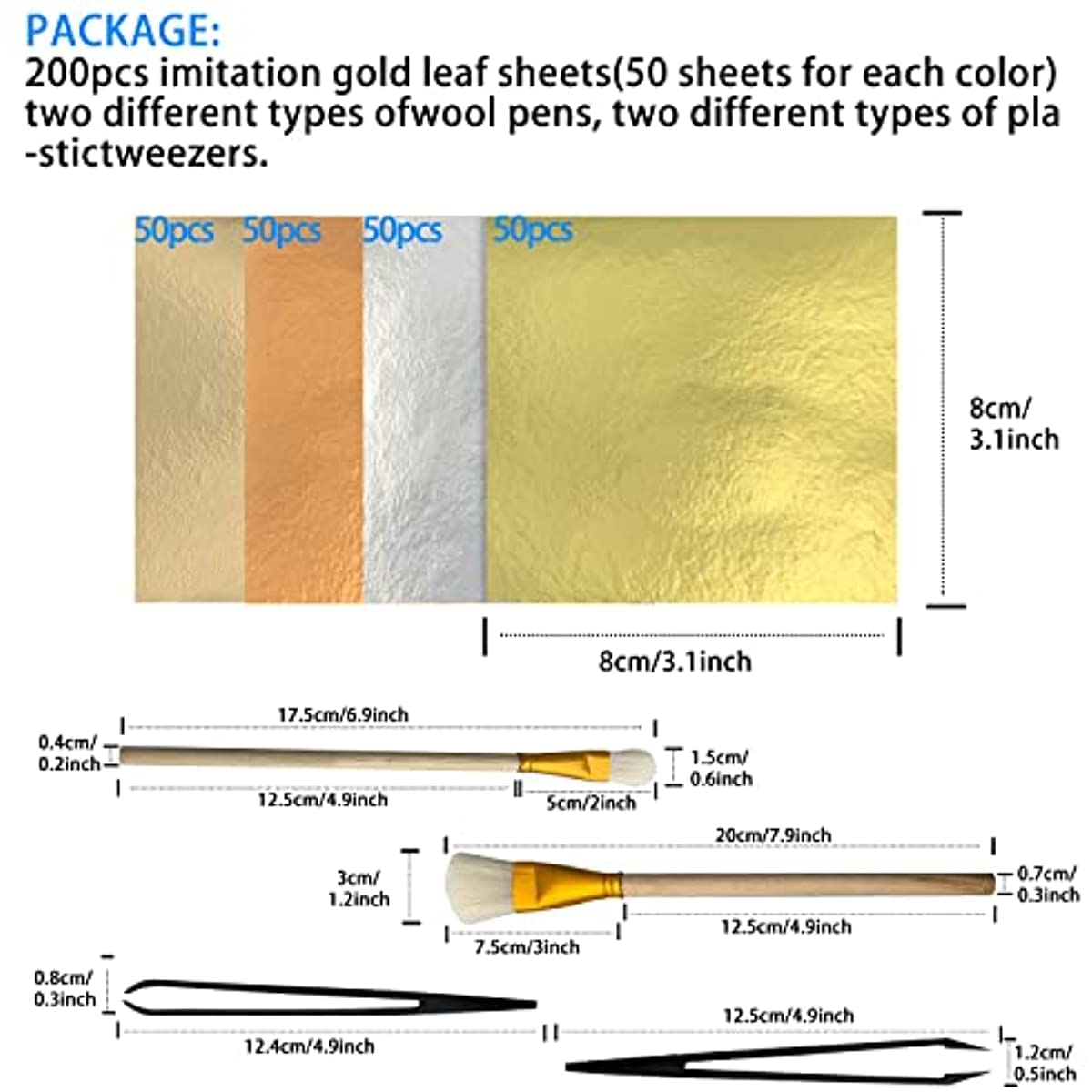 200Pcs 4 Colors,with 2 Wool Pens and 2 Plastic Tweezers,for Arts Decor,Crafts,Gilding Imitation Gold Leaf Sheet Kit Multipurpose Gold Leaf Papers