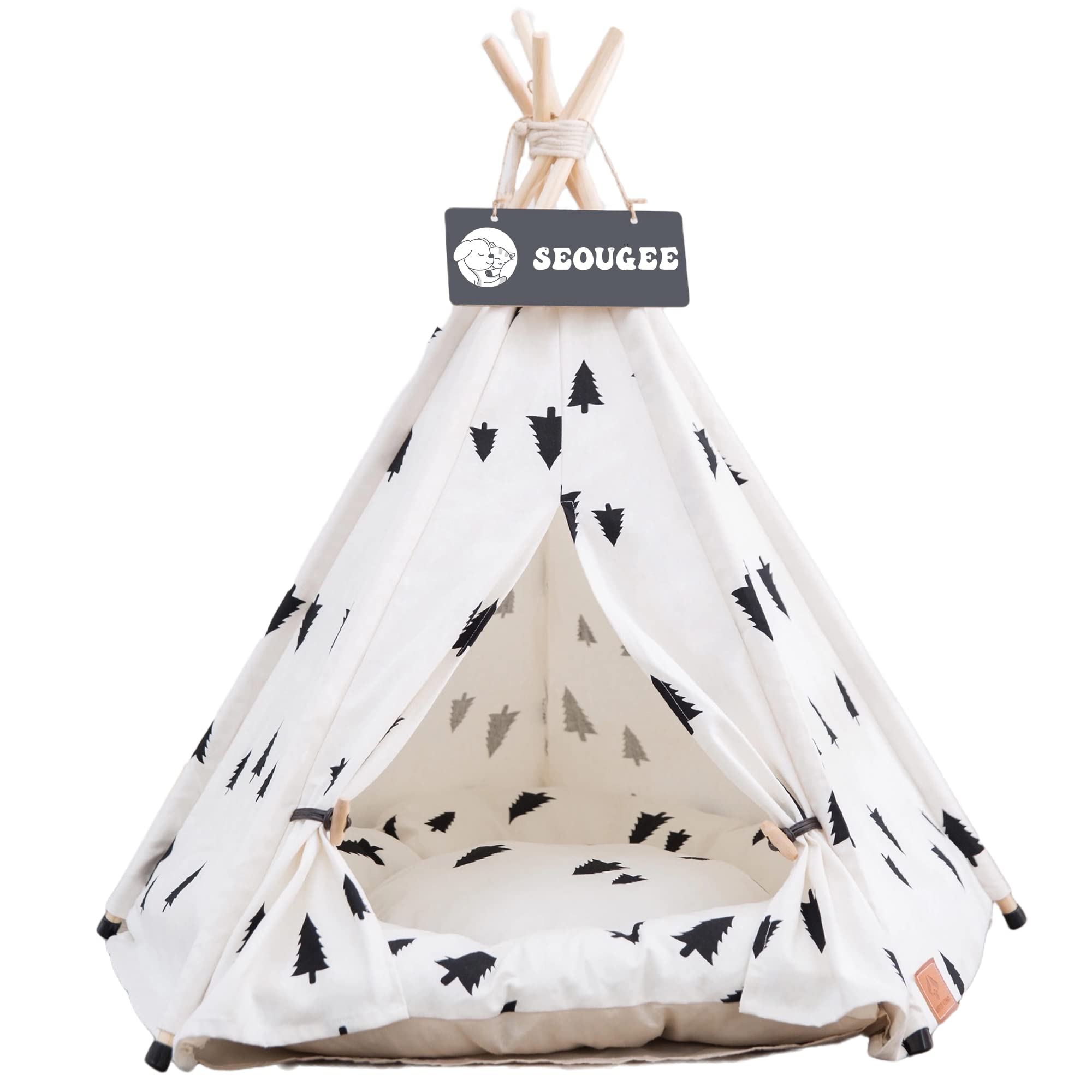 SEOUGEE Pets Teepee Tent for Dogs and Cats Washable and Removable Cotton Canvas Dog Bed and Cat House with Cushion Indoor and Outdoor Pet Kennel and Play House Portable and Stylish Tipi Design