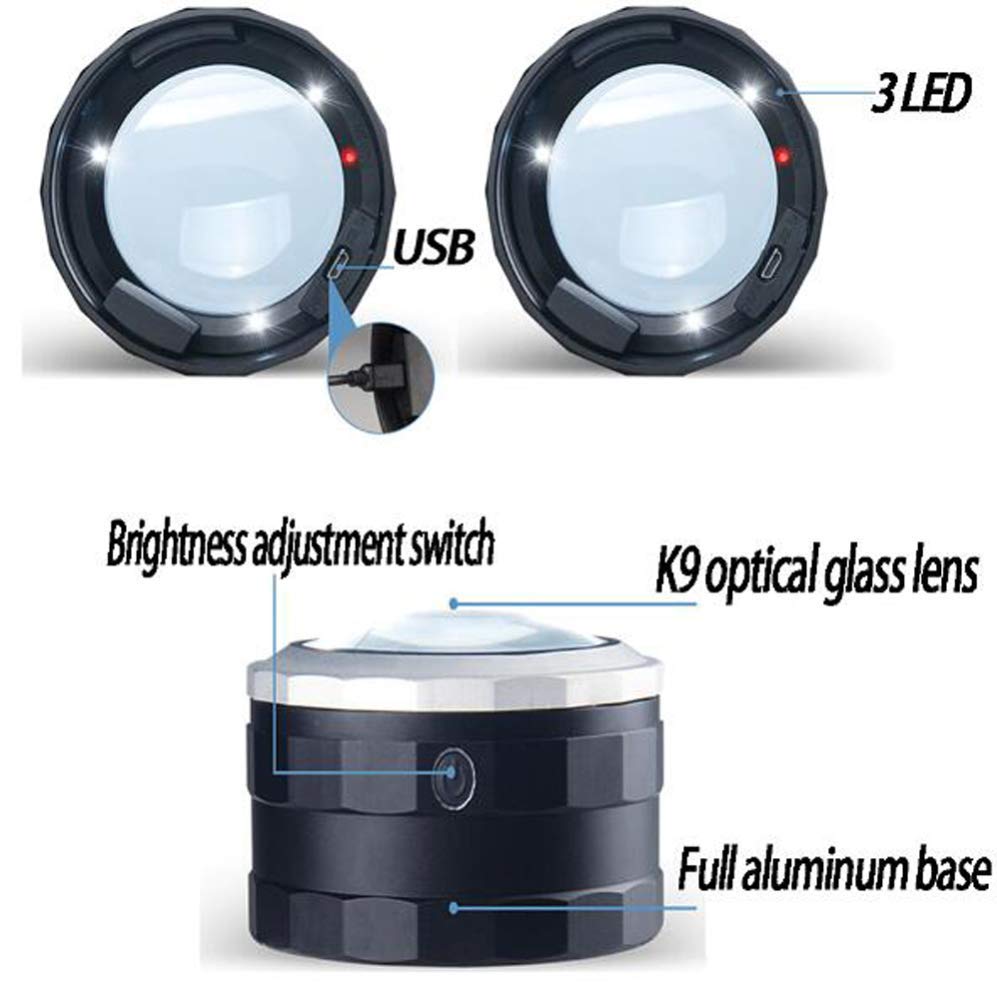 Lupe mit 3 LED-Leuchten, 5-fache Vergrößerung, handliche Leuchtlupe, superklar, leicht, für Bücher, Zeitungen, Landkarten, Münzen, Schmuck, Hobbys, modisch