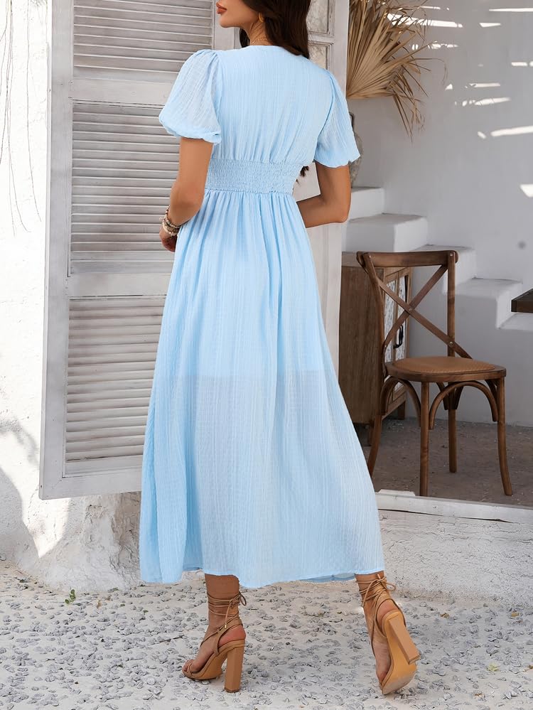 Image of Women Summer Casual Midi Dress Puff Sleeve V Neck Ruched Button Front Split Boho Beach Vacation Wedding Dresses 2026