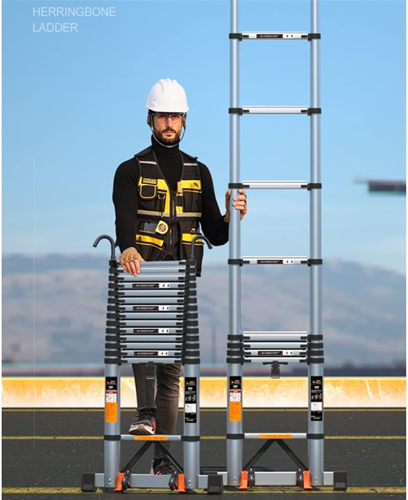 Telescoping Ladders with Hook Telescoping Ladder Convenient and Easy to Carry, 19 FT One Button Retraction Aluminum Telescopic Extension Extendable Ladder Telescoping Extension Ladder (Size