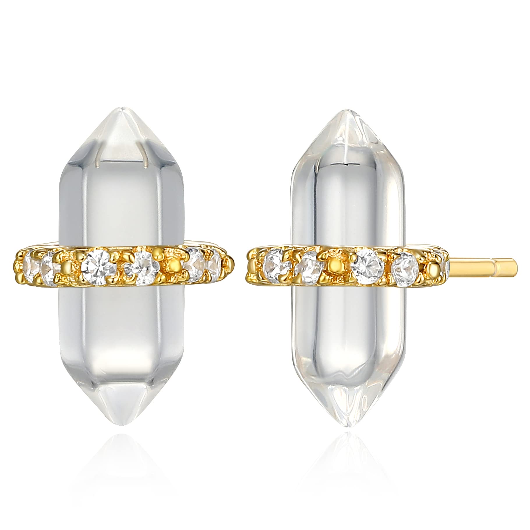 Healing Crystal Quartz Stud Earrings for Women - 18K Yellow Gold Plated Sterling Silver Chakra Point, Hexagonal Points Stone
