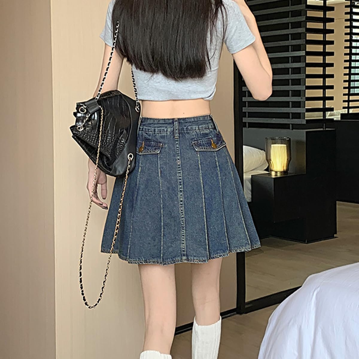 Fashion Women's Jean Mini Skirt Y2K Casual Vintage A Line High Waist Pleated Denim Skirt with Lining - Image 5